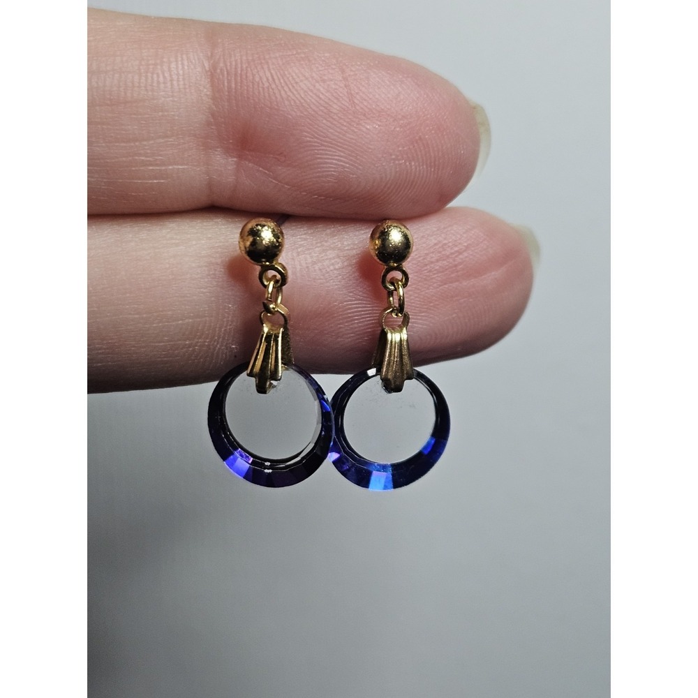 Minimalist Gold Tone Cosmic Blue Purple Color Shift Crystal Hoop Dangle Earrings